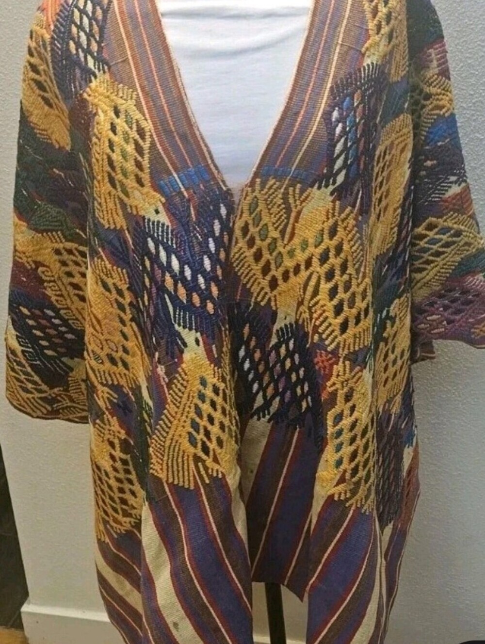 Vibrant One Of A Kind Handwoven Mexican Poncho Beautifully Embroidered